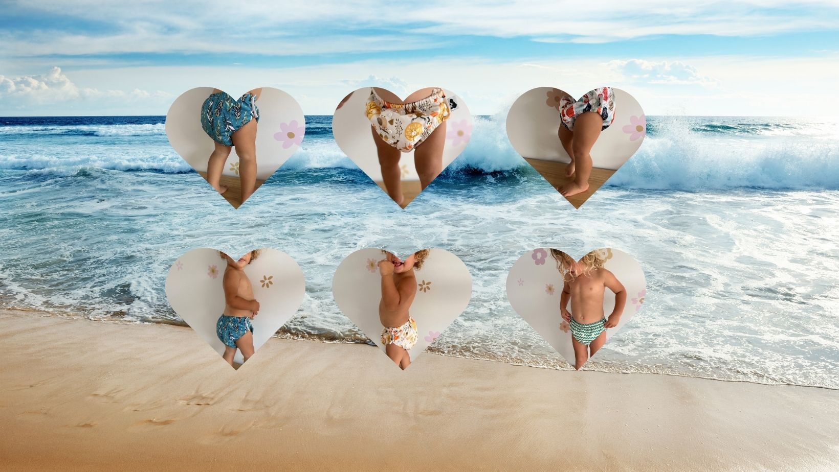 Botanic Baby Swim Nappies on 12-32 month old babies. Beach image in the background with small wave. 