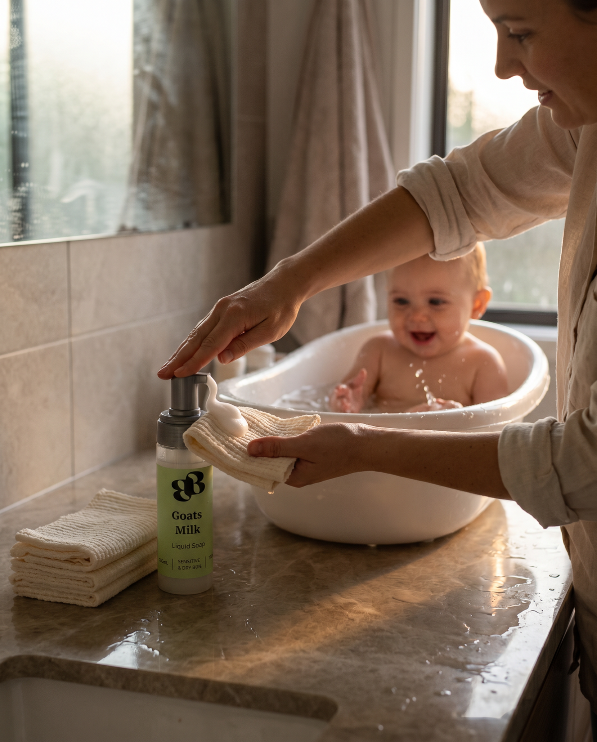 Goats Milk Liquid Soap and Large Cloth Wipes, bath time routine