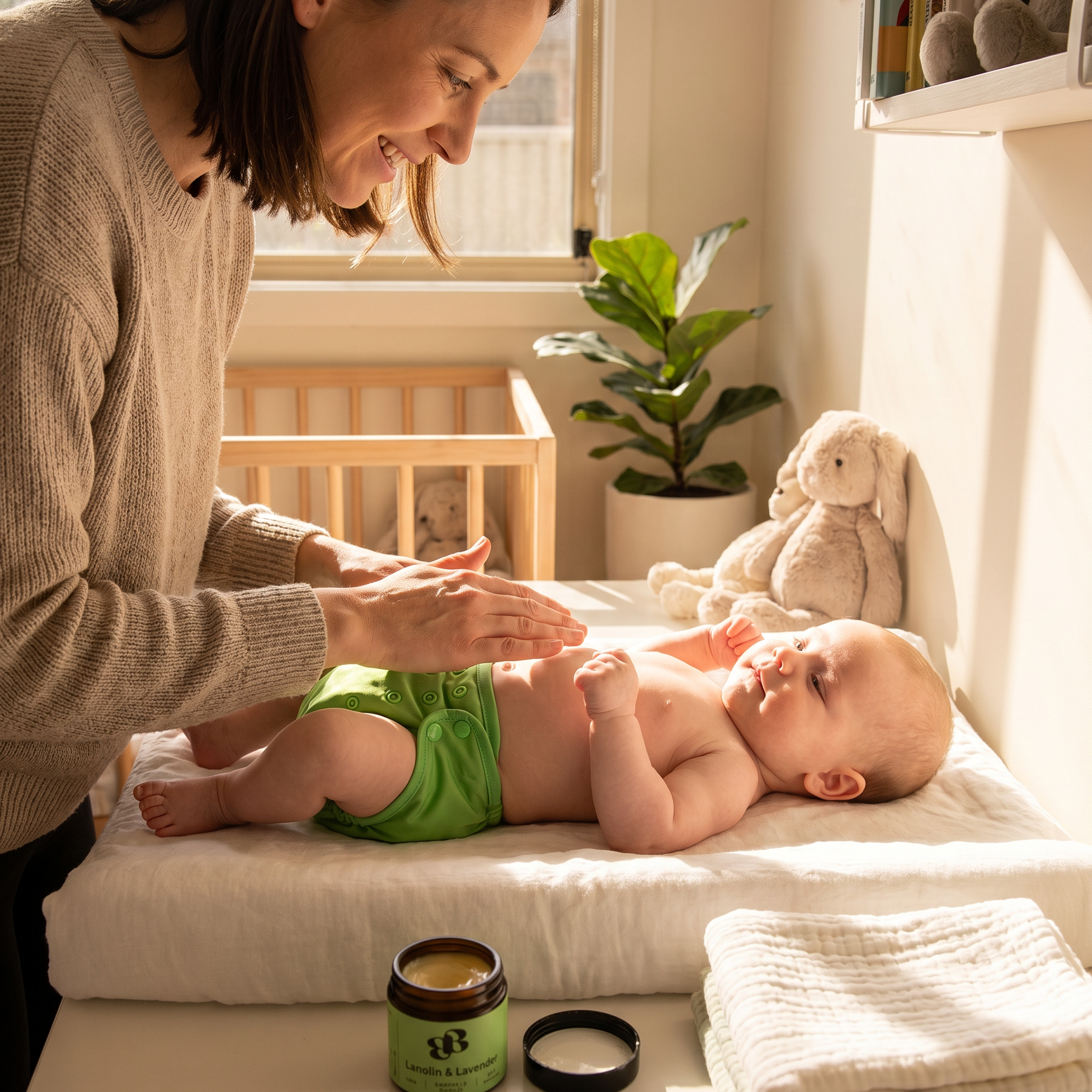 Lavender and Lanolin Balm, mother using balm during nappy change