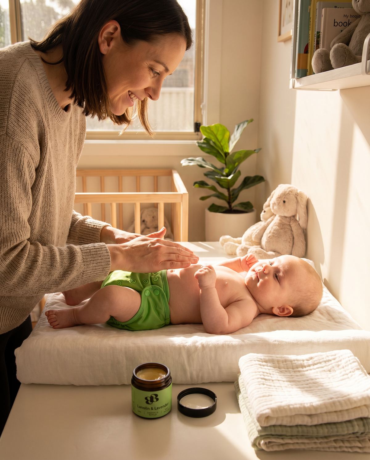 Lavender and Lanolin Balm, mother using balm during nappy change