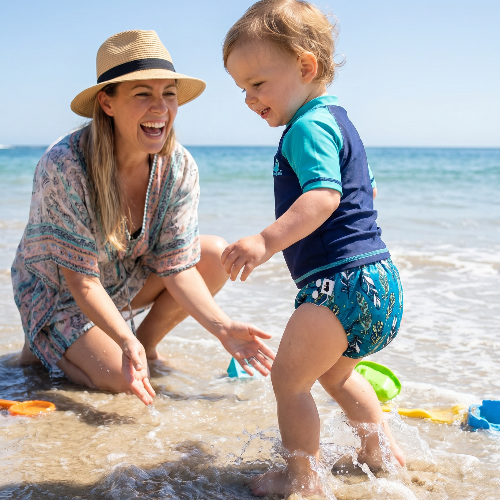 Swim Nappy Bundle, baby and mum, Blue Feathers
