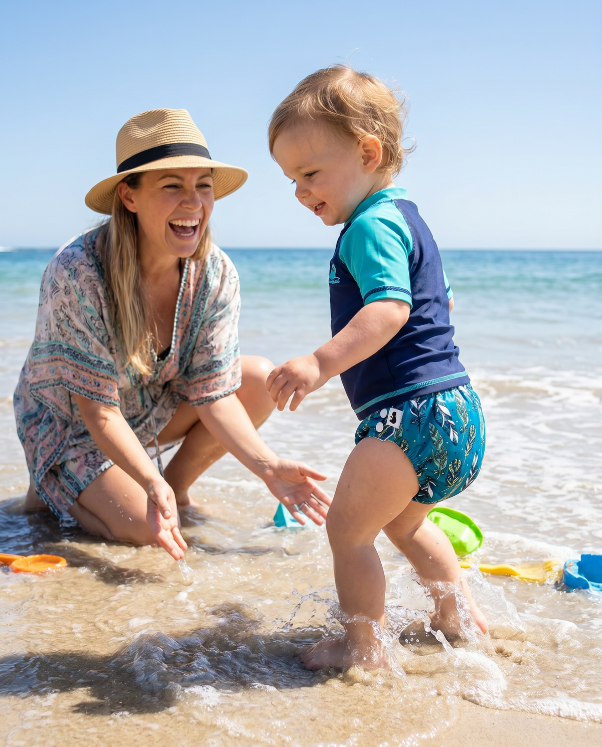 Swim Nappy Bundle, baby and mum, Blue Feathers