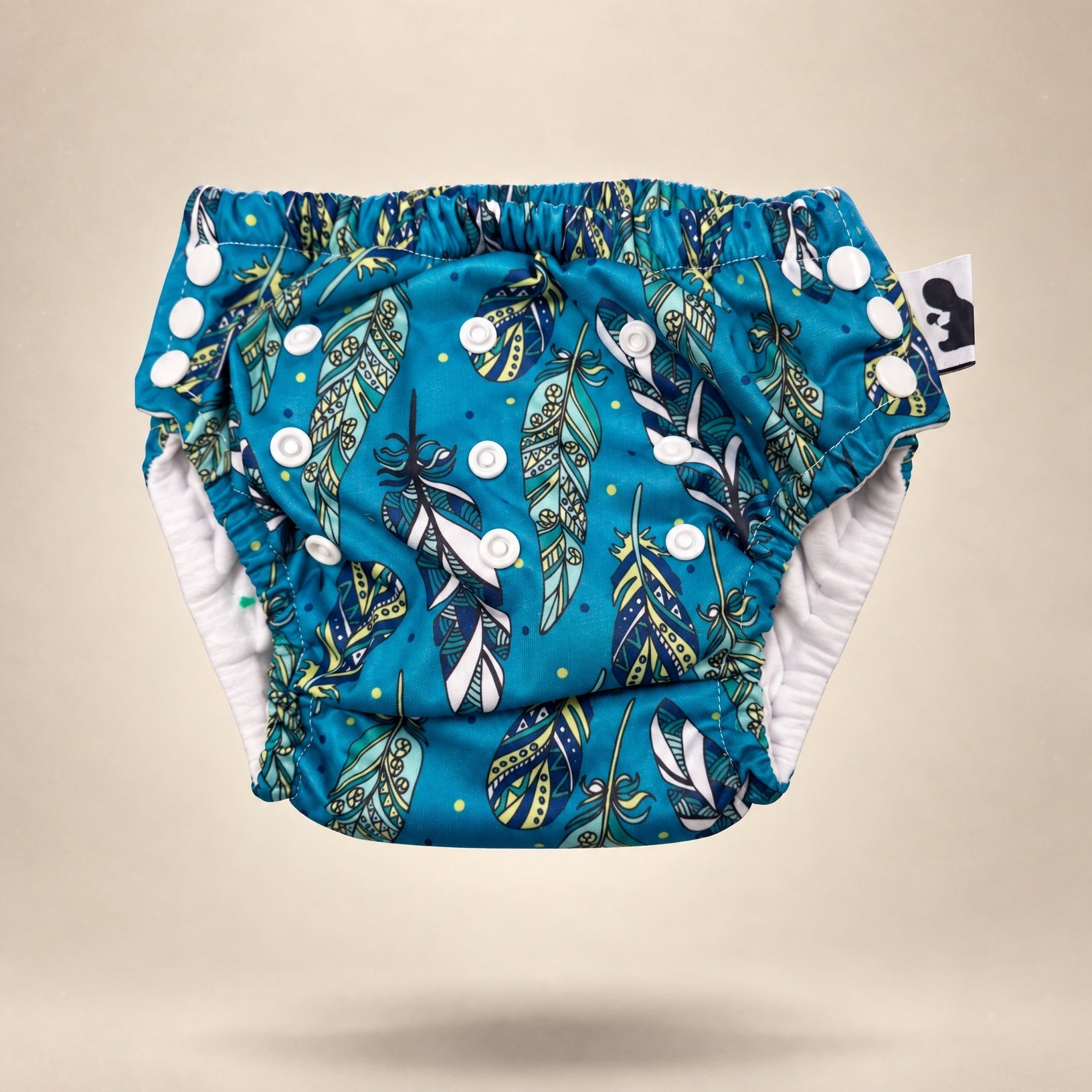 Blue Feathers swim nappy, blue feather print with white snaps