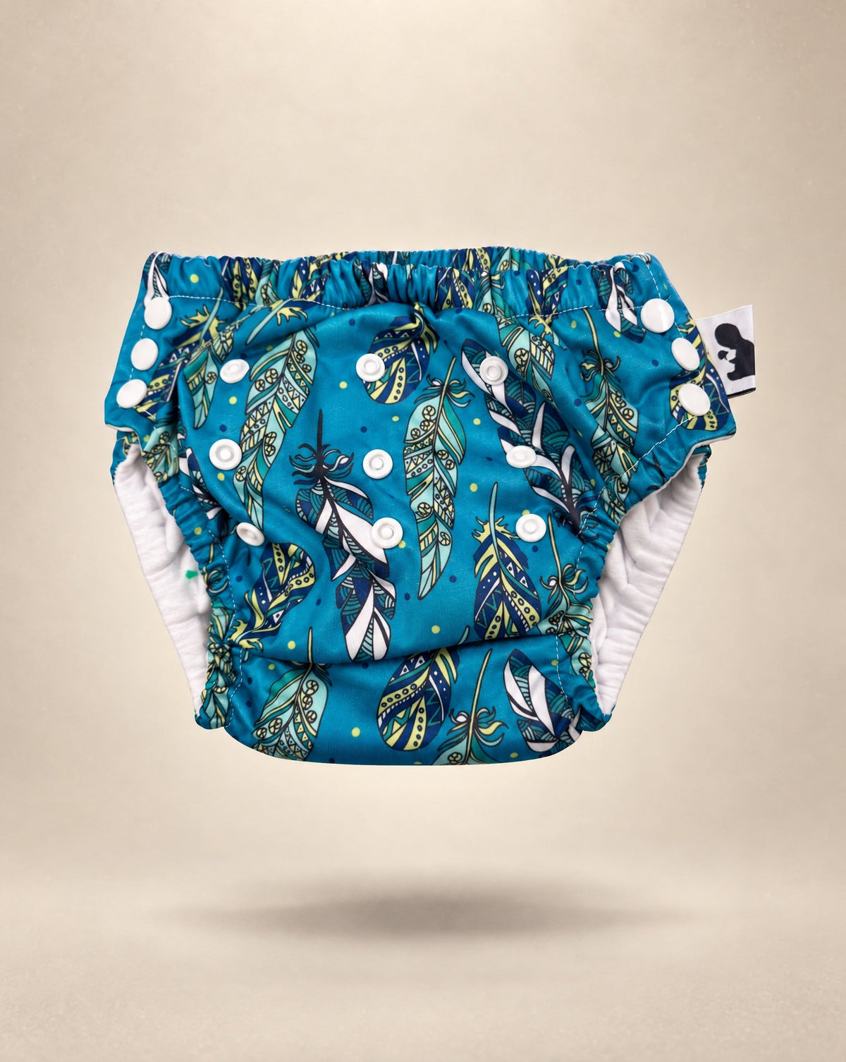 Blue Feathers swim nappy, blue feather print with white snaps