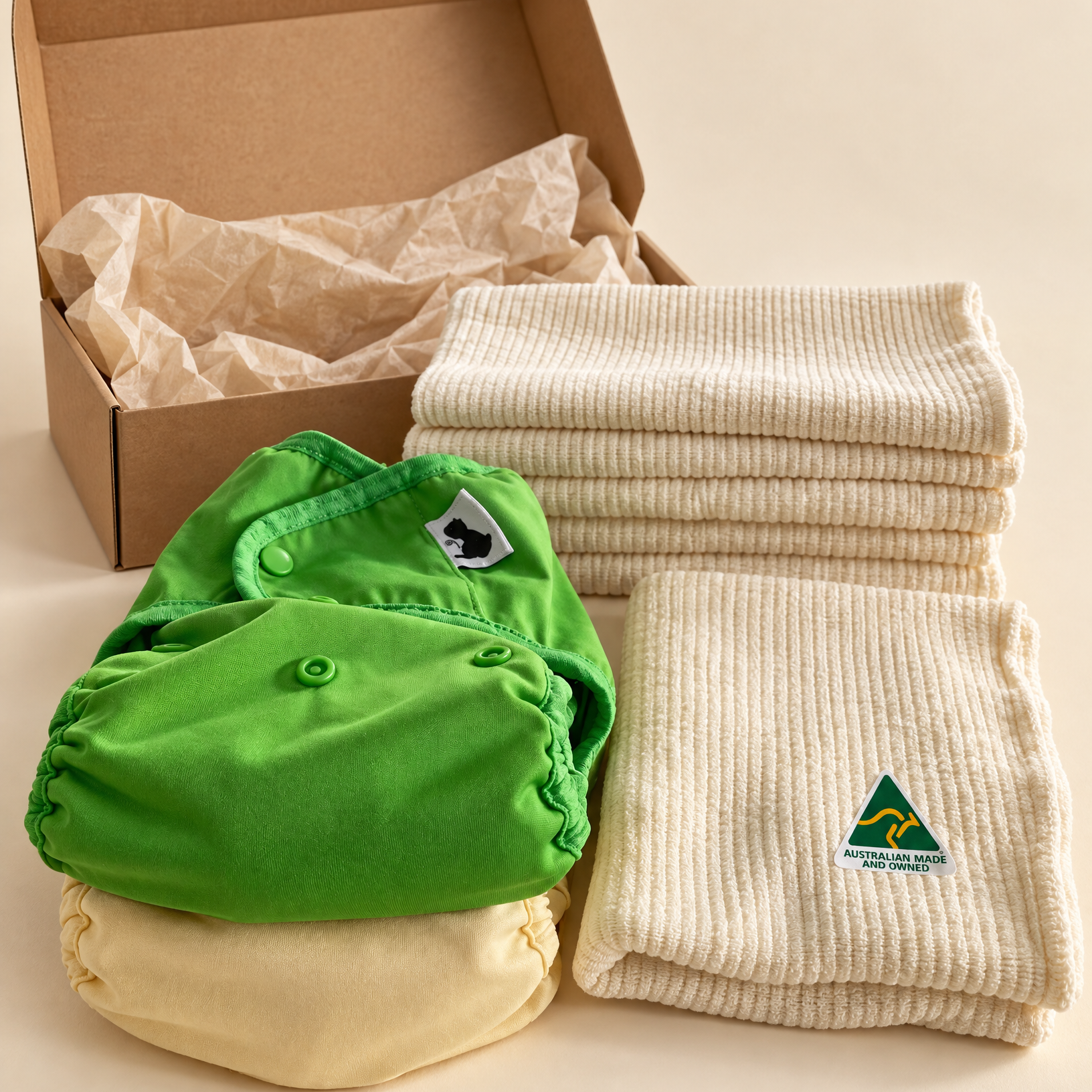 Cream background, unboxing experience @Botanic Baby -  Full time - AI2 - Cloth Nappy Kit