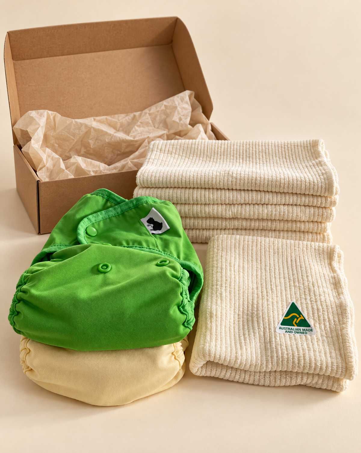 Cream background, unboxing experience @Botanic Baby -  Full time - AI2 - Cloth Nappy Kit