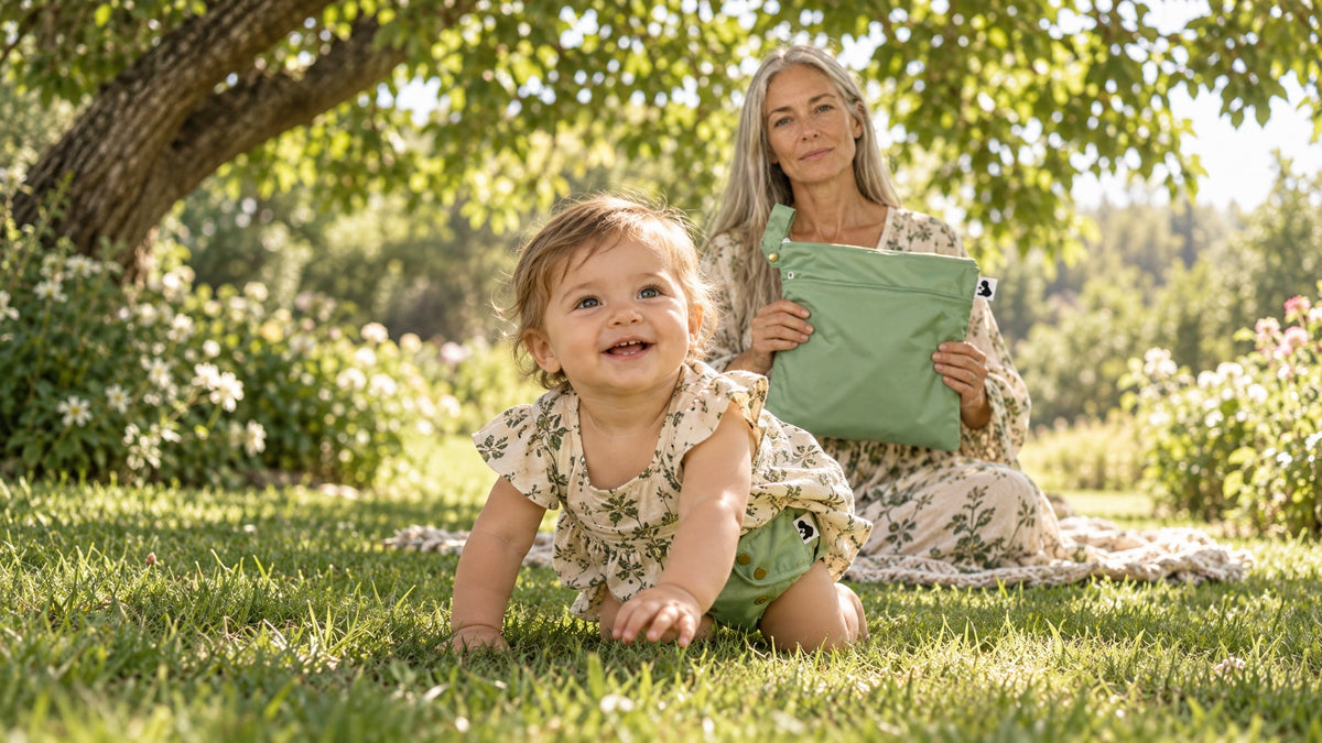 Toddler crawling on grass in a Spruce Botanic Baby nappy cover, with a woman holding a matching Spruce wetbag